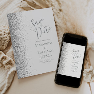 Silver Glitter White Save the Date Announcement