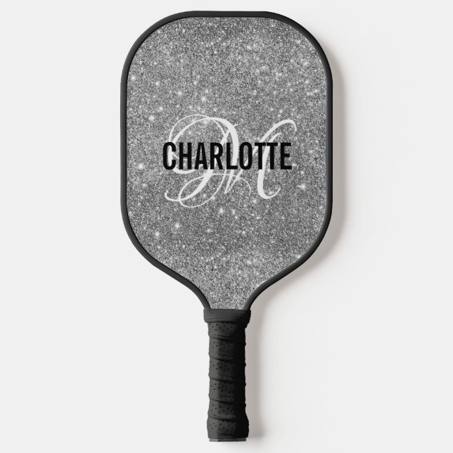 Silver glitter white script monogram name pickleball paddle (Front)