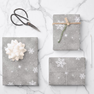 Silver Glitter White Stars and Snowflakes Pattern Wrapping Paper Sheet