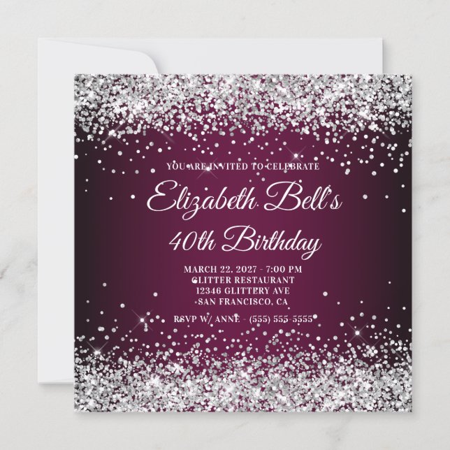 Silver Glitter Wine Dark Ombre 40th Birthday Invitation (Front)