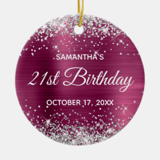 Silver Glitter Wine Foil 21st Birthday Ceramic Tree Decoration