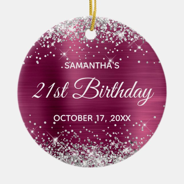 Silver Glitter Wine Foil 21st Birthday Ceramic Tree Decoration (Front)