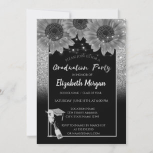 Silver Glitter,Wine,Glass, Sunflowers Invitation