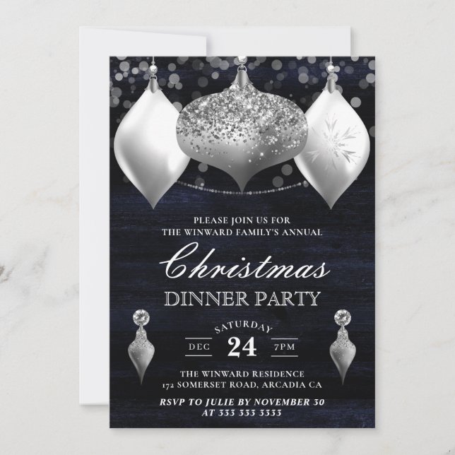 Silver Glitter Winter Baubles Christmas Dinner Invitation (Front)