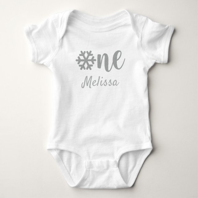 Silver Glitter Winter Snowflake First Birthday Baby Bodysuit (Front)