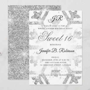 Silver Glitter Winter Sweet 16 Birthday Invitation