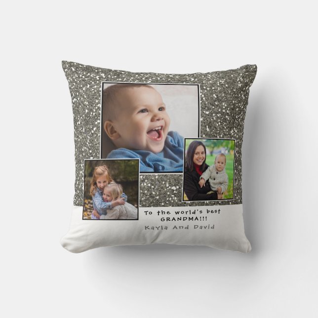 Silver Glitter Worlds Best Grandma Photo Collage Cushion (Front)