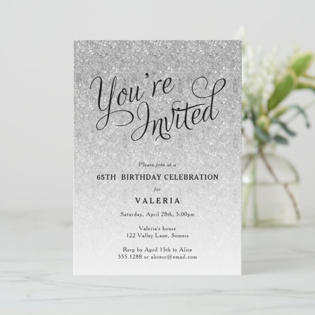 Silver Glitter You're Invited Party Invitation (Standing Front)