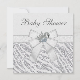 Silver Glitter Zebra Print & Swan Baby Shower Invitation
