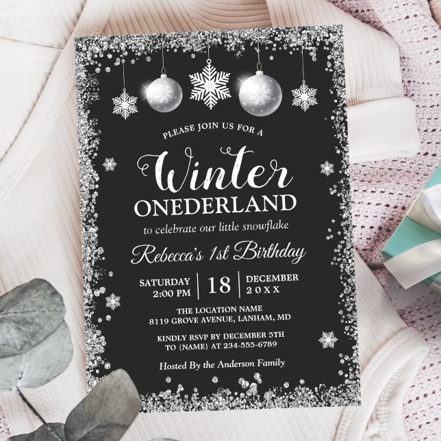 Silver Glitters Xmas ONEderland Birthday Party Invitation (Creator Uploaded)