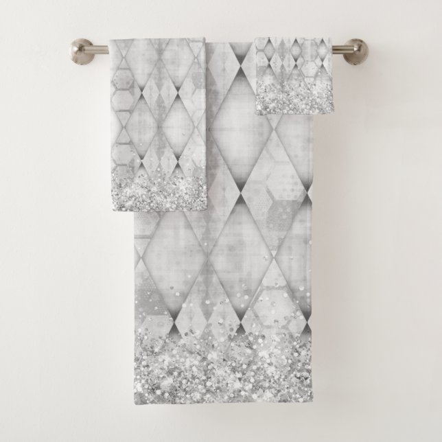 SIlver Glittery Abstract Harlequin Bath Towel Set (Insitu)