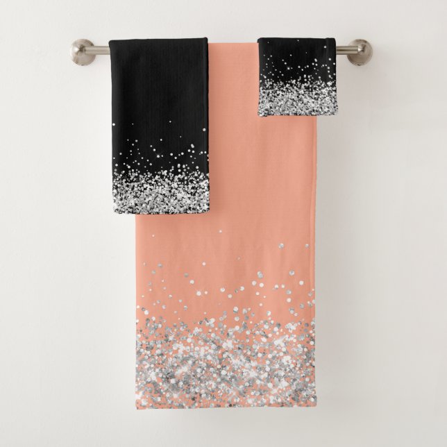 Silver Glittery  Edging on Melon Pink and Black Bath Towel Set (Insitu)