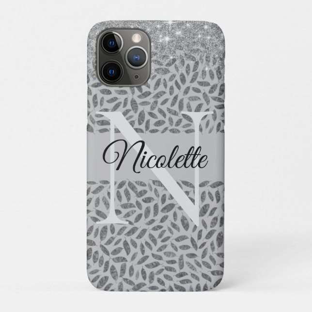 Silver Glittery Feathers Monogram Elegant       Case-Mate iPhone Case (Back)