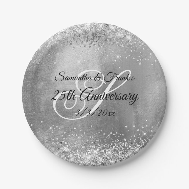 Silver Glittery Foil Monogram 25th Anniversary Paper Plate (Front)