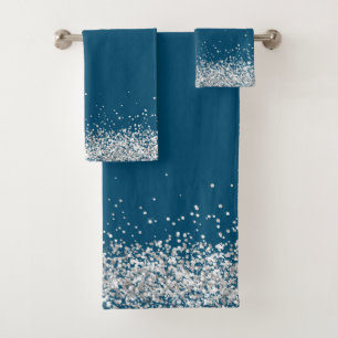 Silver Glittery Glam Edging on Blue Bath Towel Set