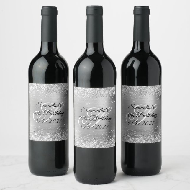 Silver Glittery Glam Foil 50th Birthday Wine Label (Bottles)