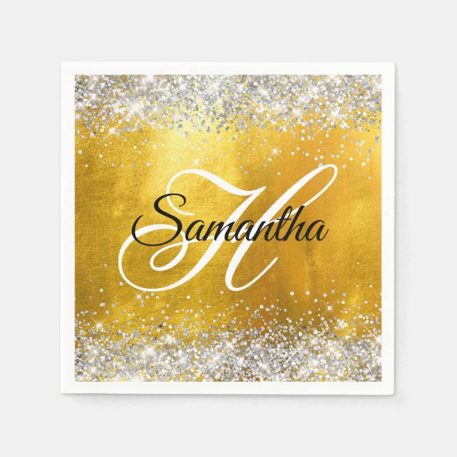 Silver Glittery Gold Foil Fancy Monogram Napkin (Front)