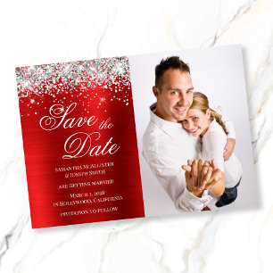 Silver Glittery Red Foil Photo Save The Date