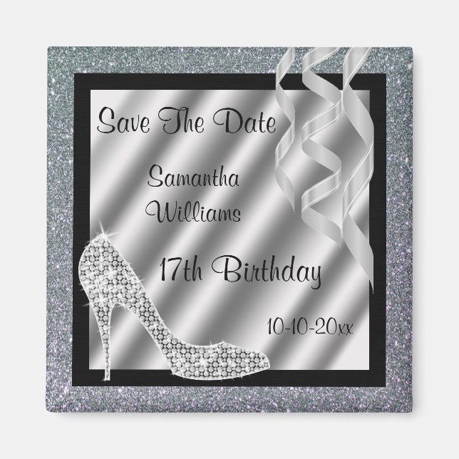 Silver Glittery Stiletto & Streamers 17th Birthday Magnet (Front)