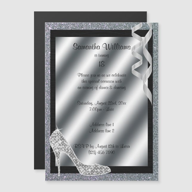 Silver Glittery Stiletto & Streamers 18th Birthday Magnetic Invitation (Front/Back)