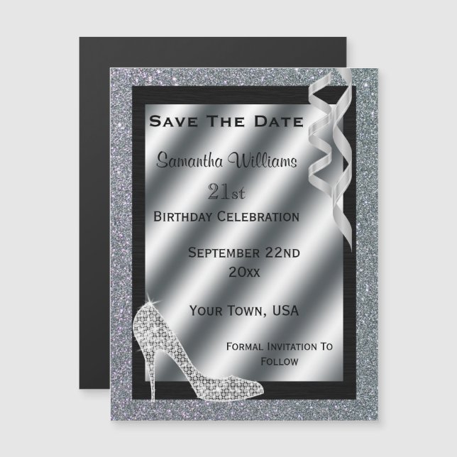 Silver Glittery Stiletto & Streamers 21st Birthday Magnetic Invitation (Front/Back)