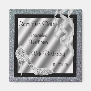Silver Glittery Stiletto & Streamers 40th Birthday Magnet