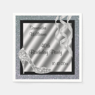 Silver Glittery Stiletto & Streamers 40th Birthday Napkin