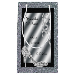 Silver Glittery Stiletto & Streamers 40th Birthday Small Gift Bag