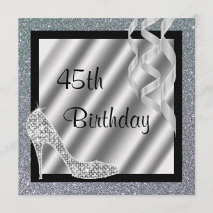 Silver Glittery Stiletto & Streamers 45th Birthday Invitation