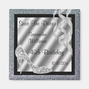 Silver Glittery Stiletto & Streamers 45th Birthday Magnet