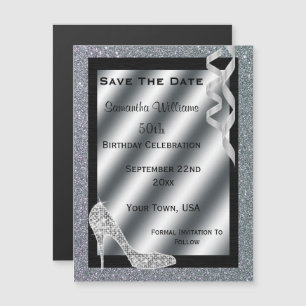 Silver Glittery Stiletto & Streamers 50th Birthday Magnetic Invitation