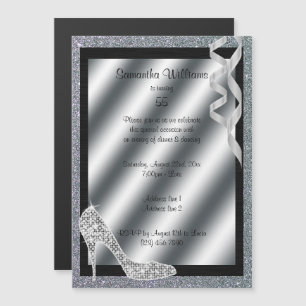 Silver Glittery Stiletto & Streamers 55th Birthday Magnetic Invitation