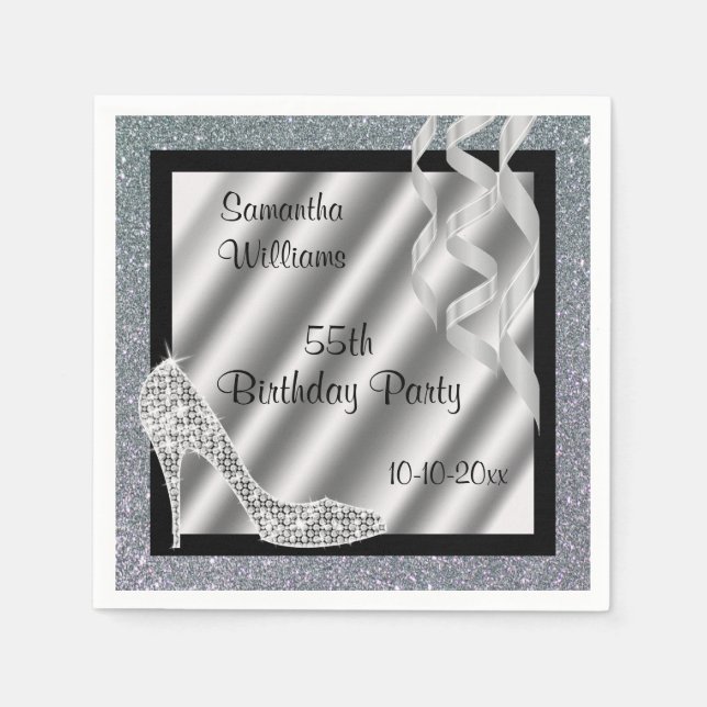 Silver Glittery Stiletto & Streamers 55th Birthday Napkin (Front)