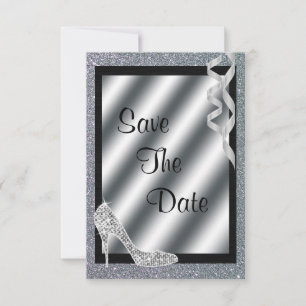 Silver Glittery Stiletto & Streamers 55th Birthday Save The Date