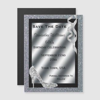 Silver Glittery Stiletto & Streamers 60th Birthday Magnetic Invitation