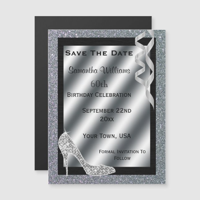 Silver Glittery Stiletto & Streamers 60th Birthday Magnetic Invitation (Front/Back)