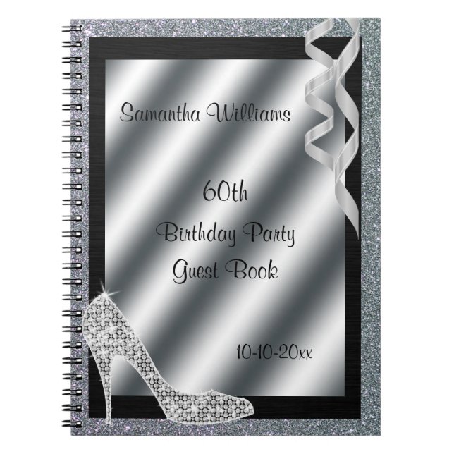 Silver Glittery Stiletto & Streamers 60th Birthday Notebook (Front)