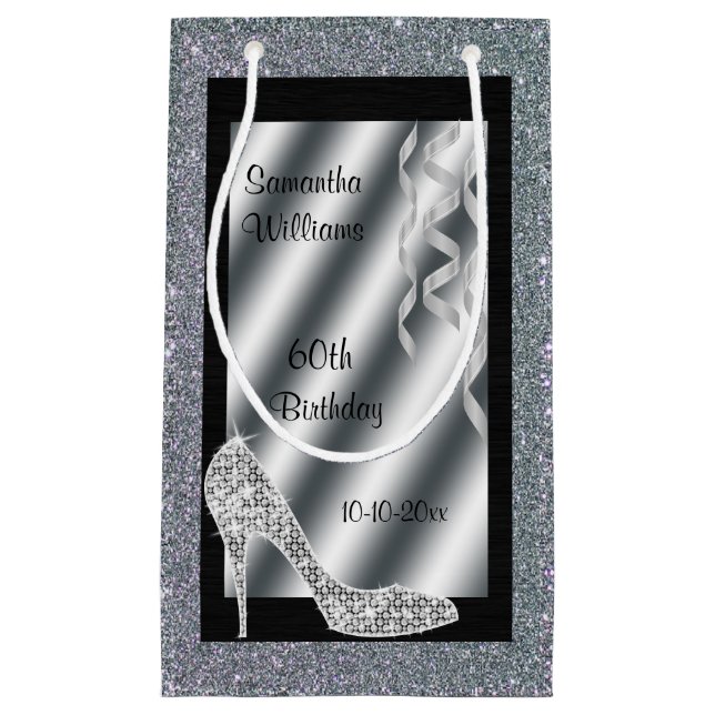 Silver Glittery Stiletto & Streamers 60th Birthday Small Gift Bag (Front)