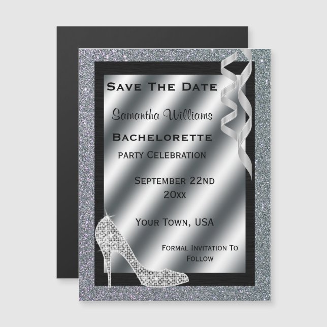 Silver Glittery Stiletto & Streamers Bachelorette Magnetic Invitation (Front/Back)