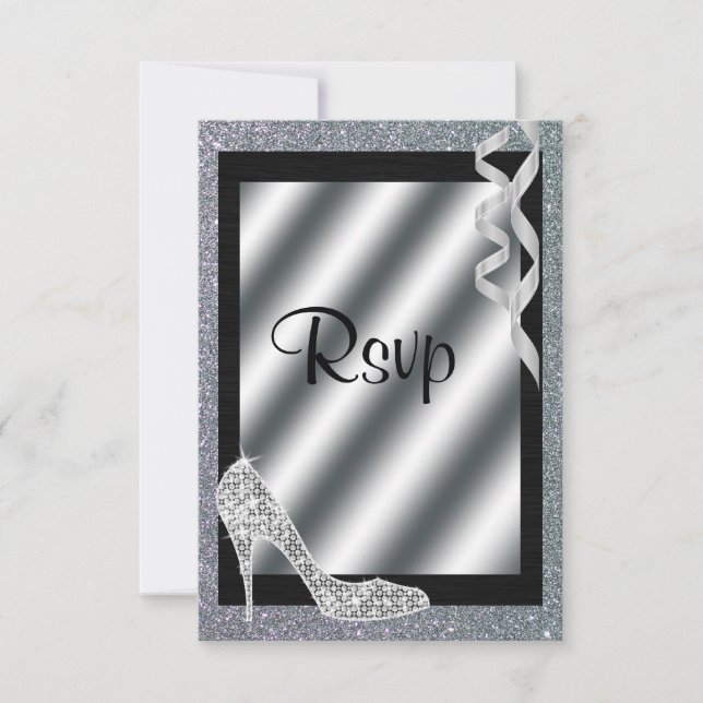 Silver Glittery Stiletto & Streamers RSVP (Front)