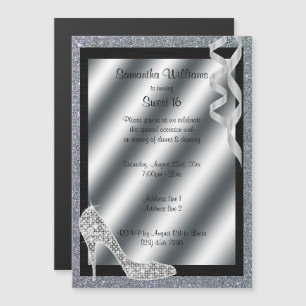 Silver Glittery Stiletto & Streamers Sweet 16 Magnetic Invitation