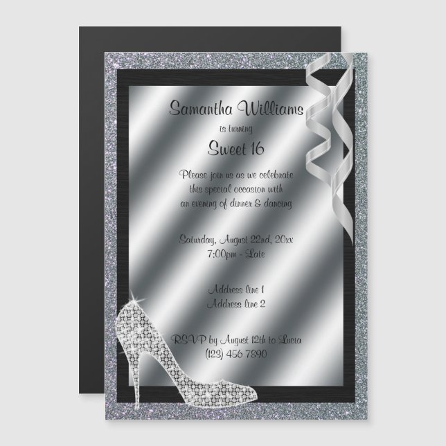 Silver Glittery Stiletto & Streamers Sweet 16 Magnetic Invitation (Front/Back)