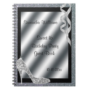 Silver Glittery Stiletto & Streamers Sweet 16 Notebook