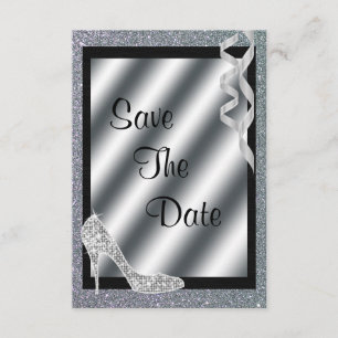 Silver Glittery Stiletto & Streamers Sweet 16 Save The Date