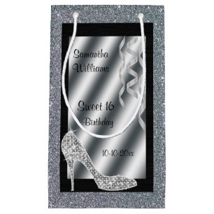 Silver Glittery Stiletto & Streamers Sweet 16 Small Gift Bag