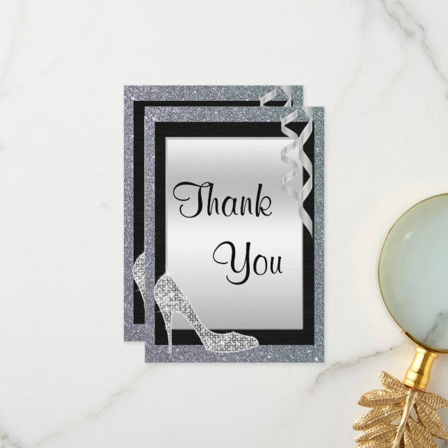 Silver Glittery Stiletto & Streamers Thank You (Front/Back In Situ)