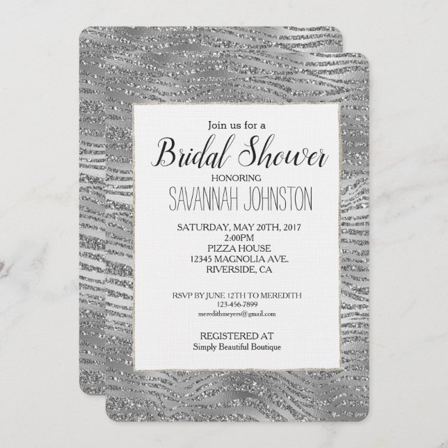 Silver Glitz Zebra Print Bridal Shower Invitation (Front/Back)