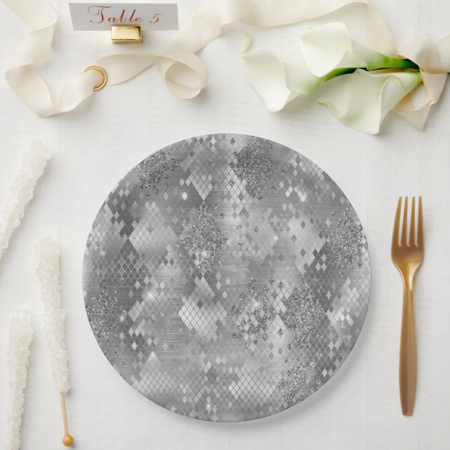 Silver Glitzy Glitter Snake Skin Paper Plate (Wedding)