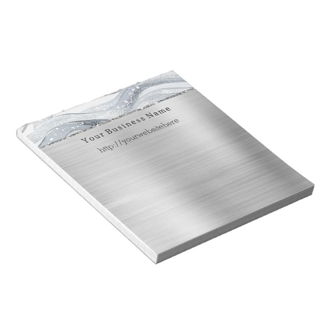Silver Glitzy Waves Stripes Business name website Notepad (Angled)