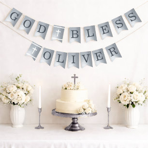 Silver God Bless 6 Letters Name Baptism Communion  Bunting